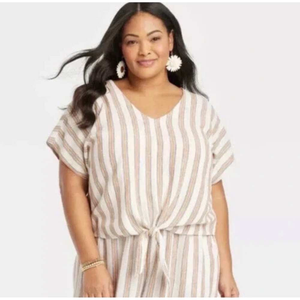 Ava & Viv Womens 2X Striped Linen Blend V-Neck Tie Front Short Sleeve Top Cream